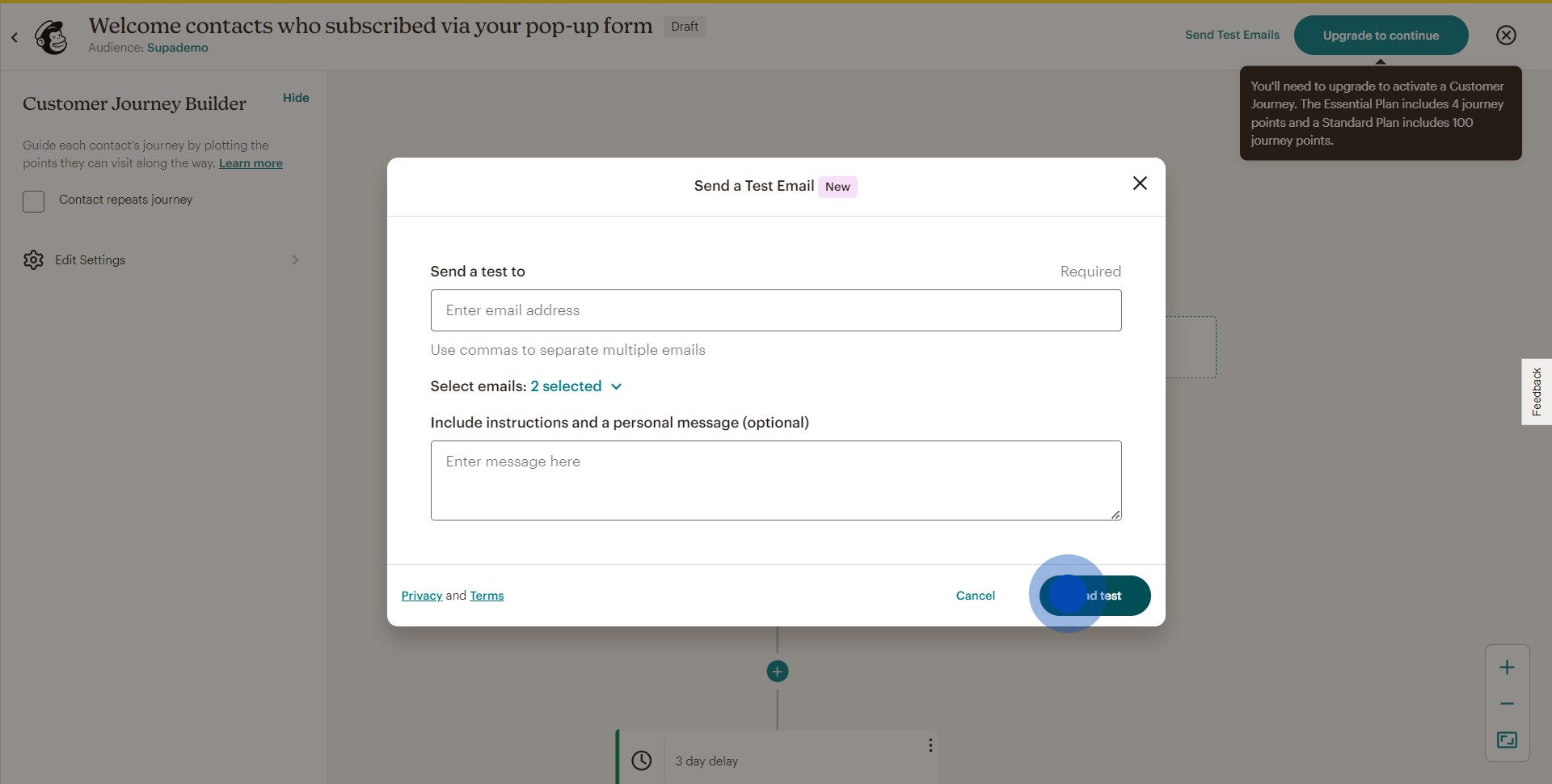 9 Click on "Send test"