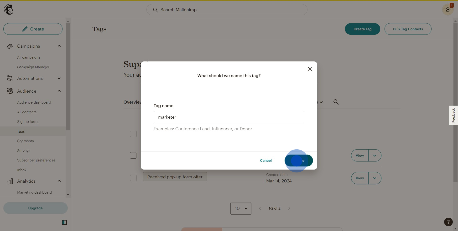 4 Click on "Create"