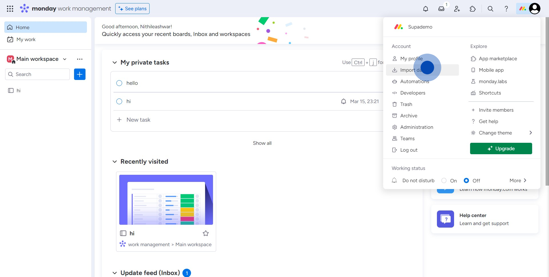 2 Click on "Import data"