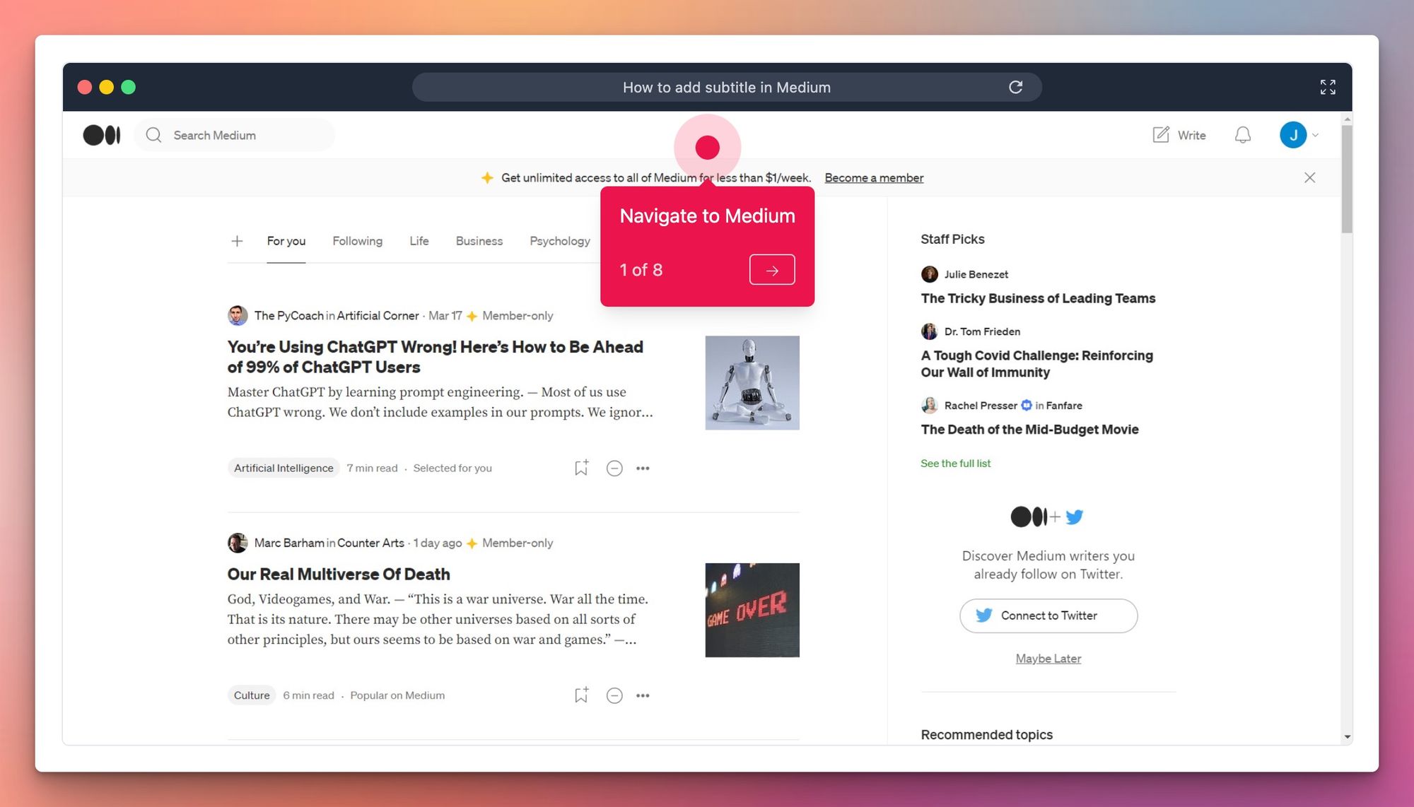 How to add subtitle in Medium
