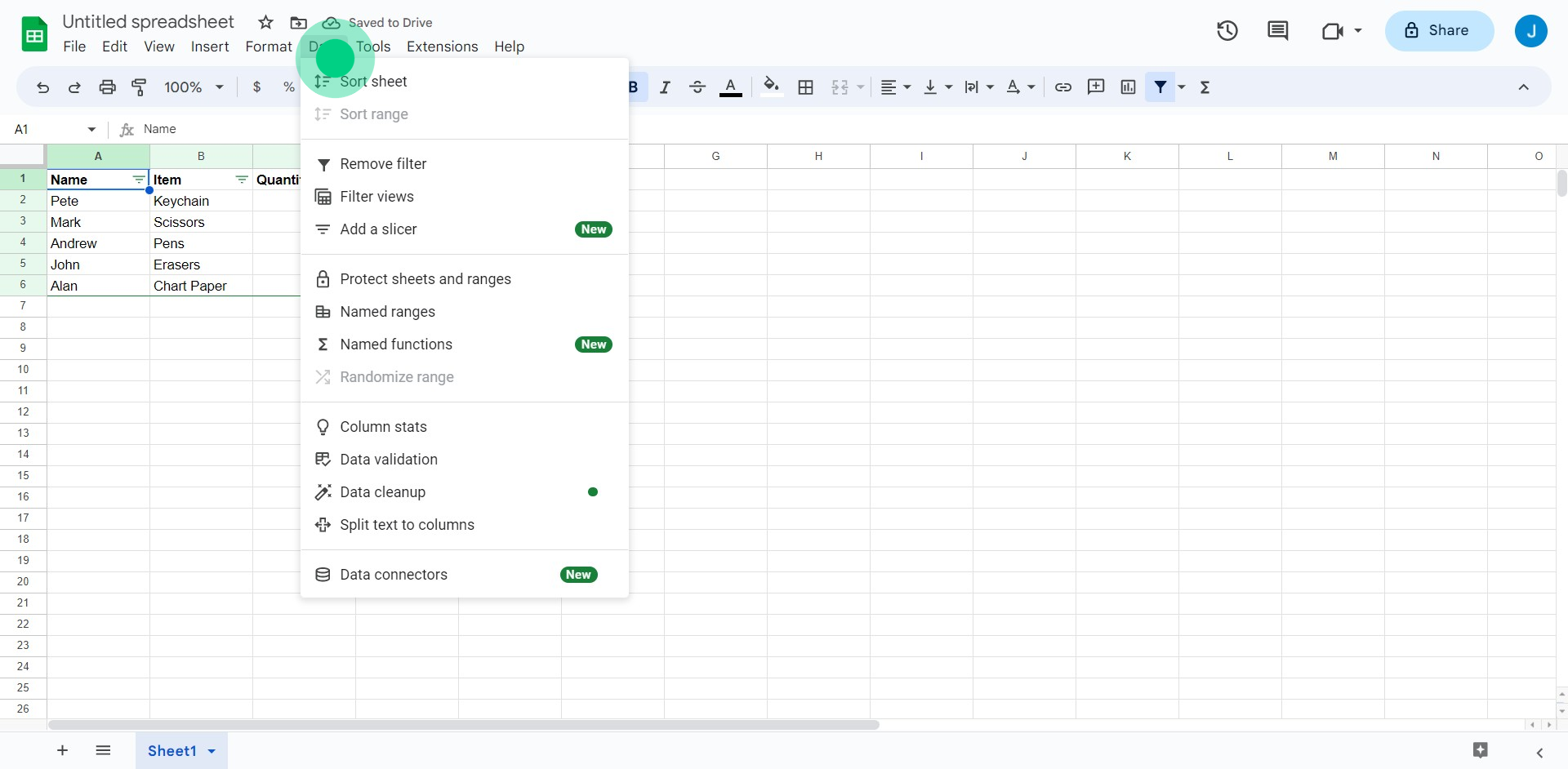 4 Click on "Data"
