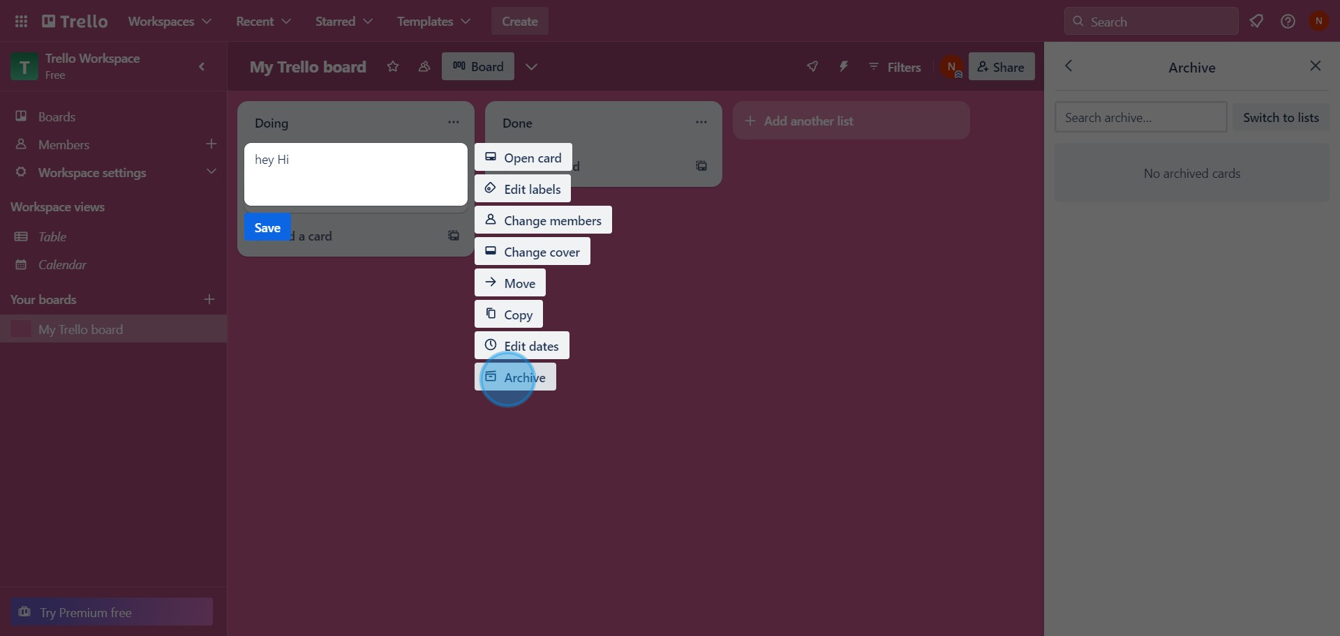 7 Click on "Archive"
