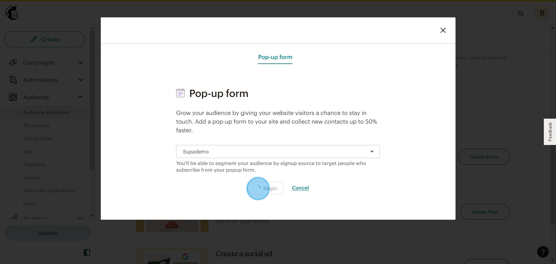5 Click on "Begin"