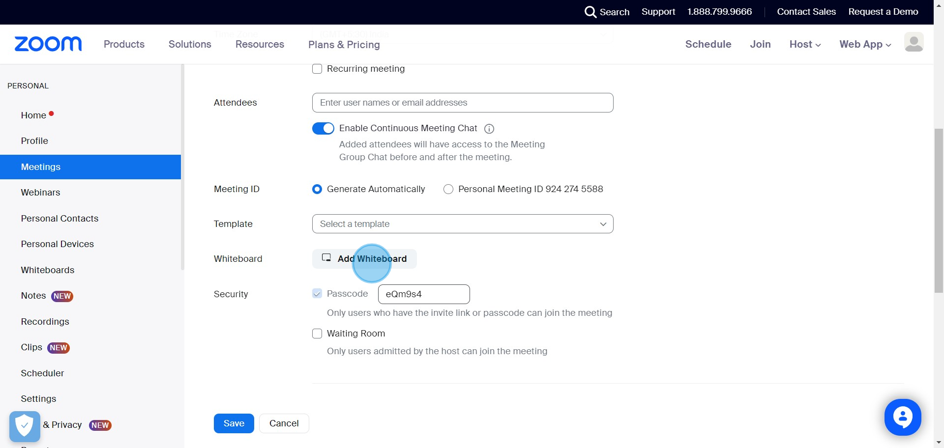 6 Click on " Add Whiteboard"