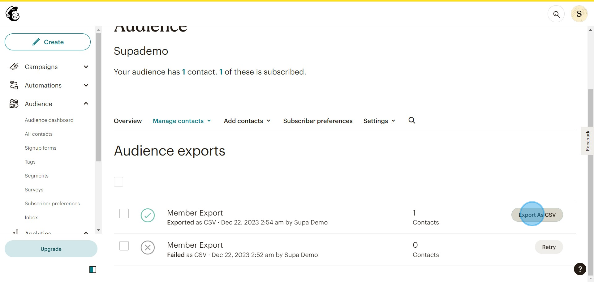 11 Click on "Export As CSV"