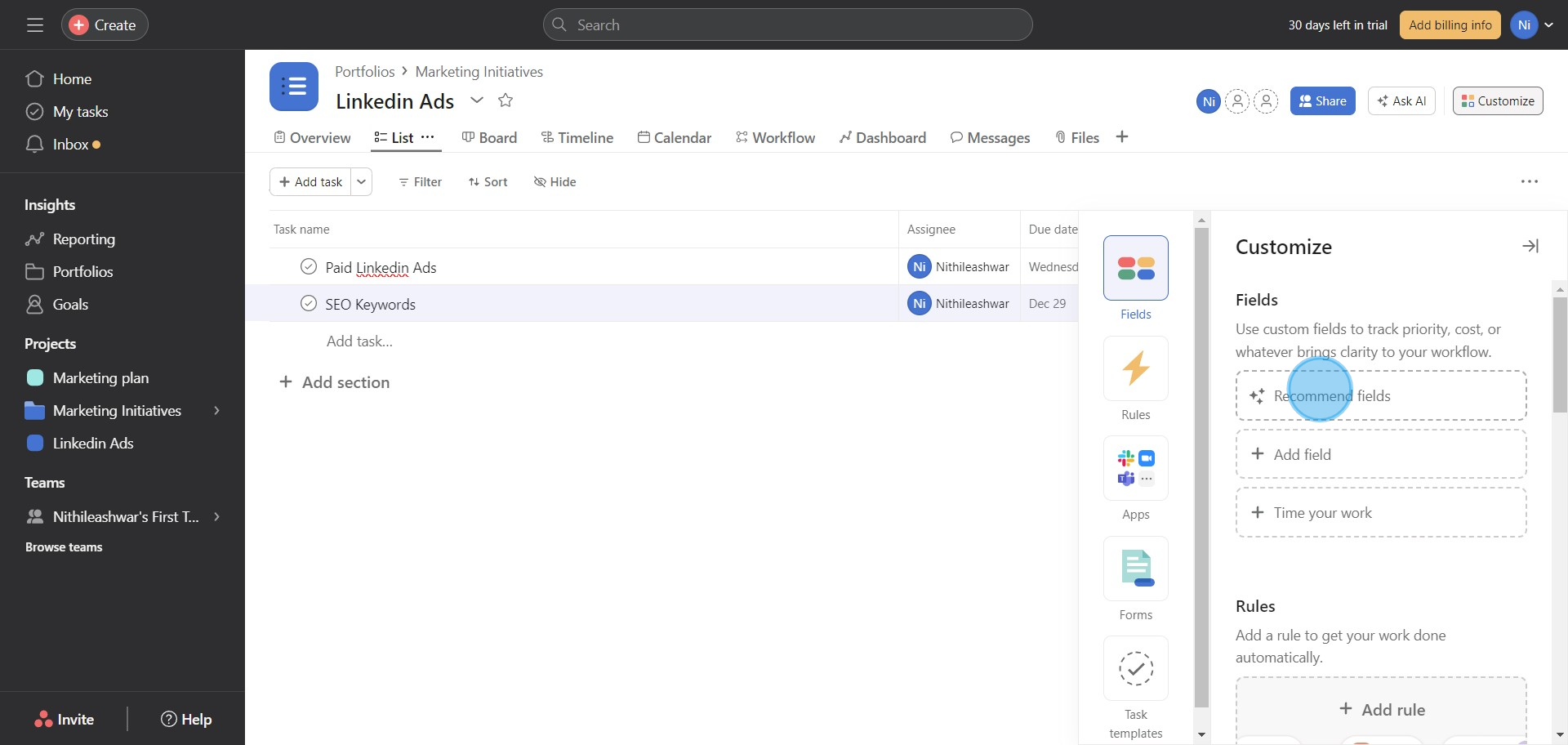 11 Click on "Recommend fields"
