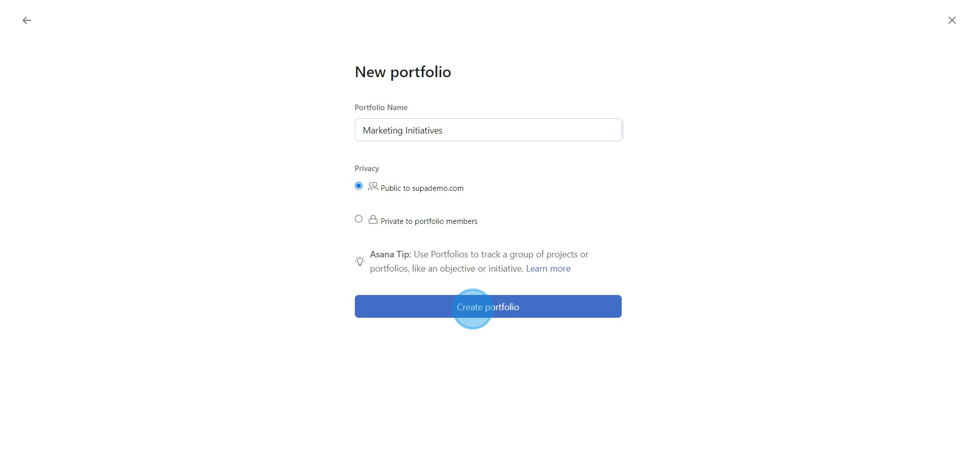 3 Click on "Create portfolio"