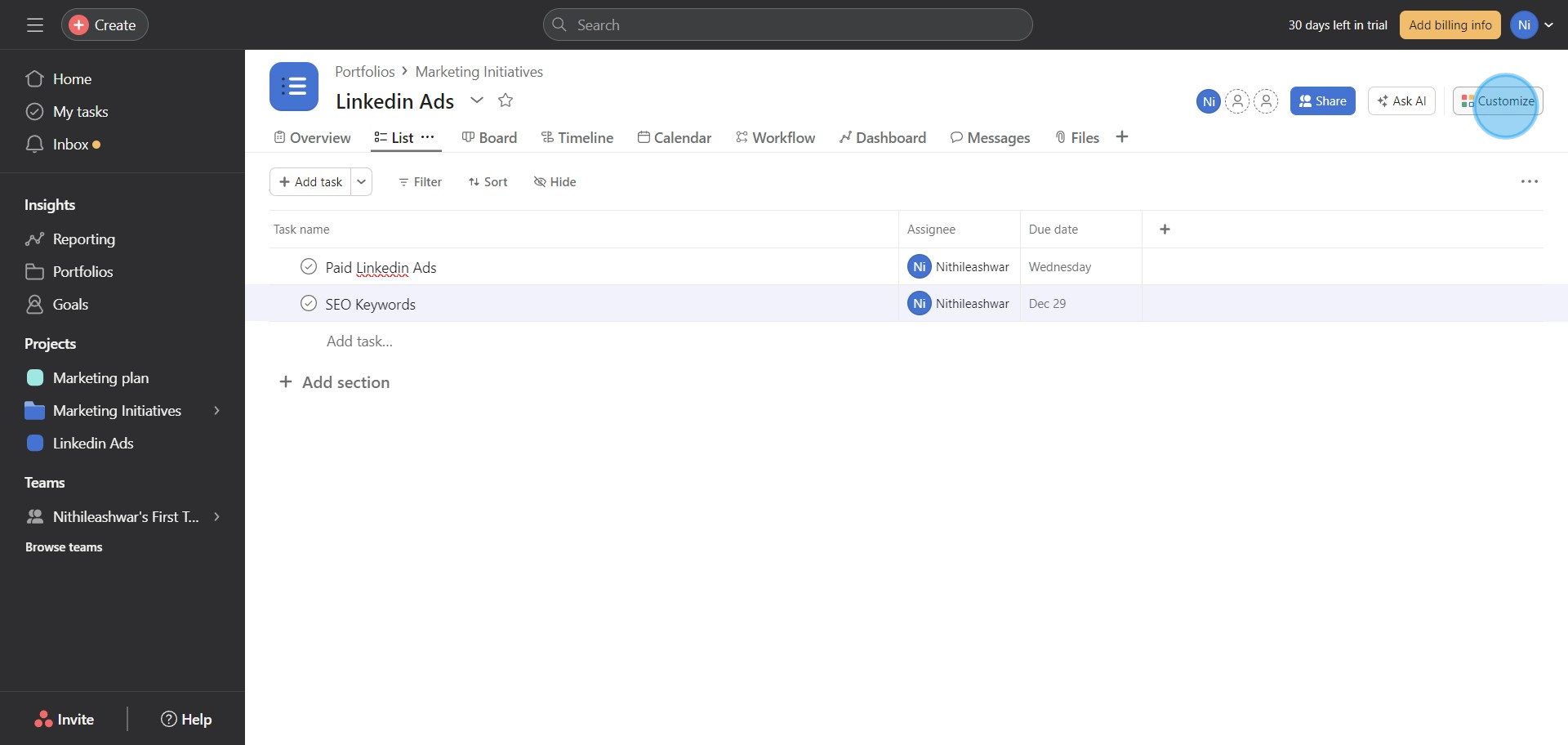 10 Click on "Customize"