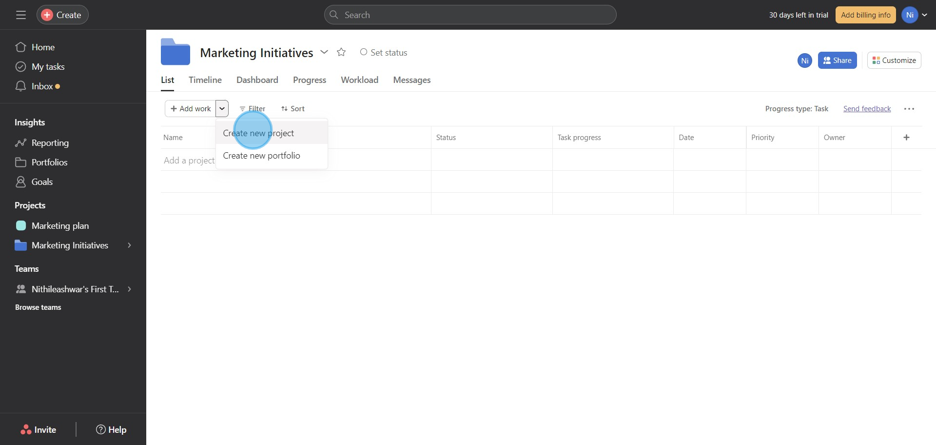 5 Click on "Create new project"