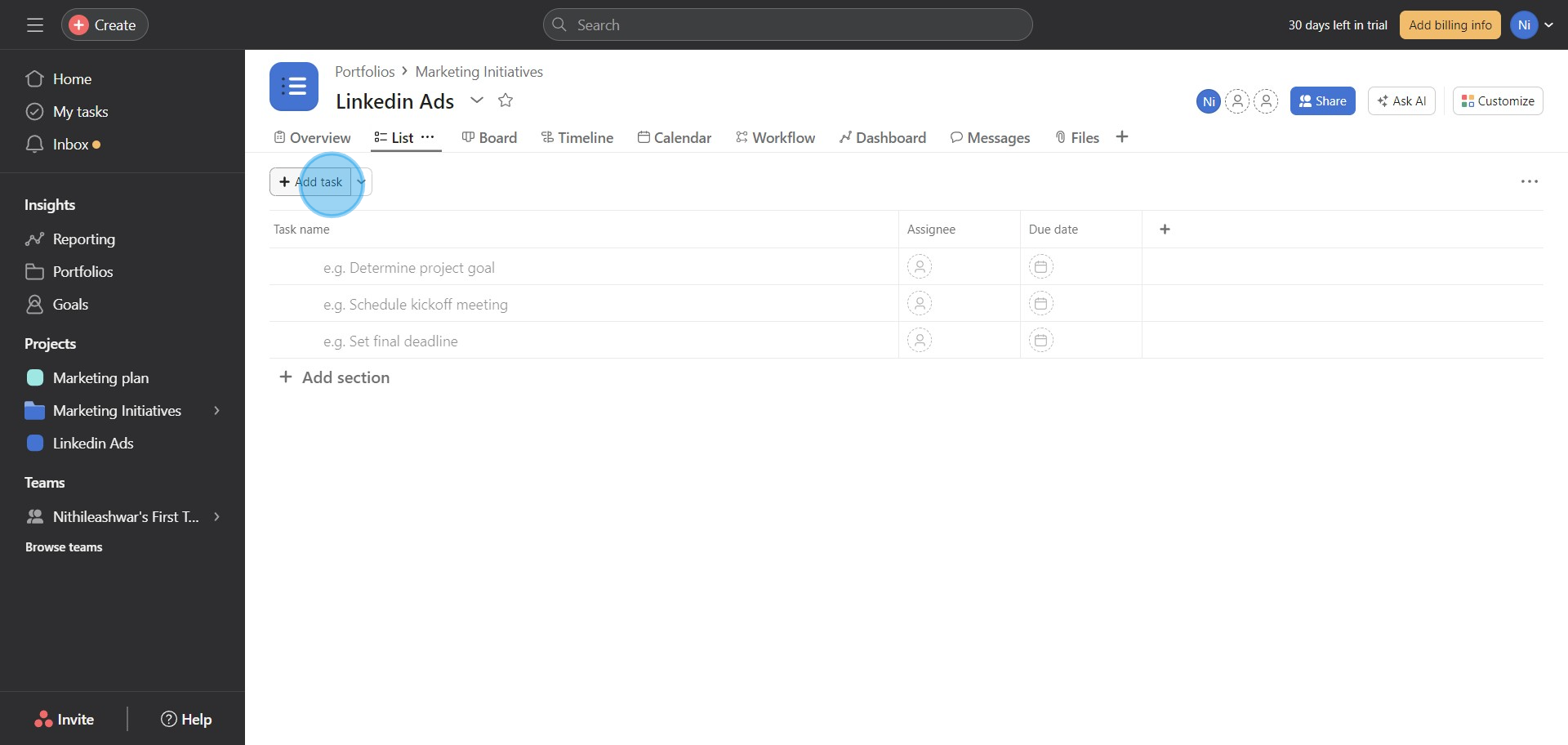 8 Click on "Add task"