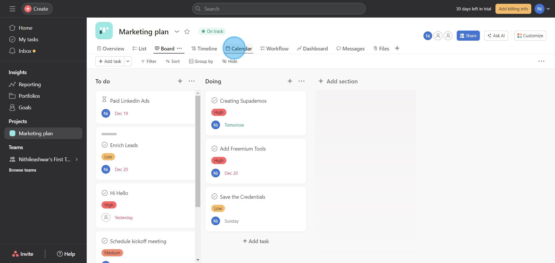 2 Click on "Calendar"