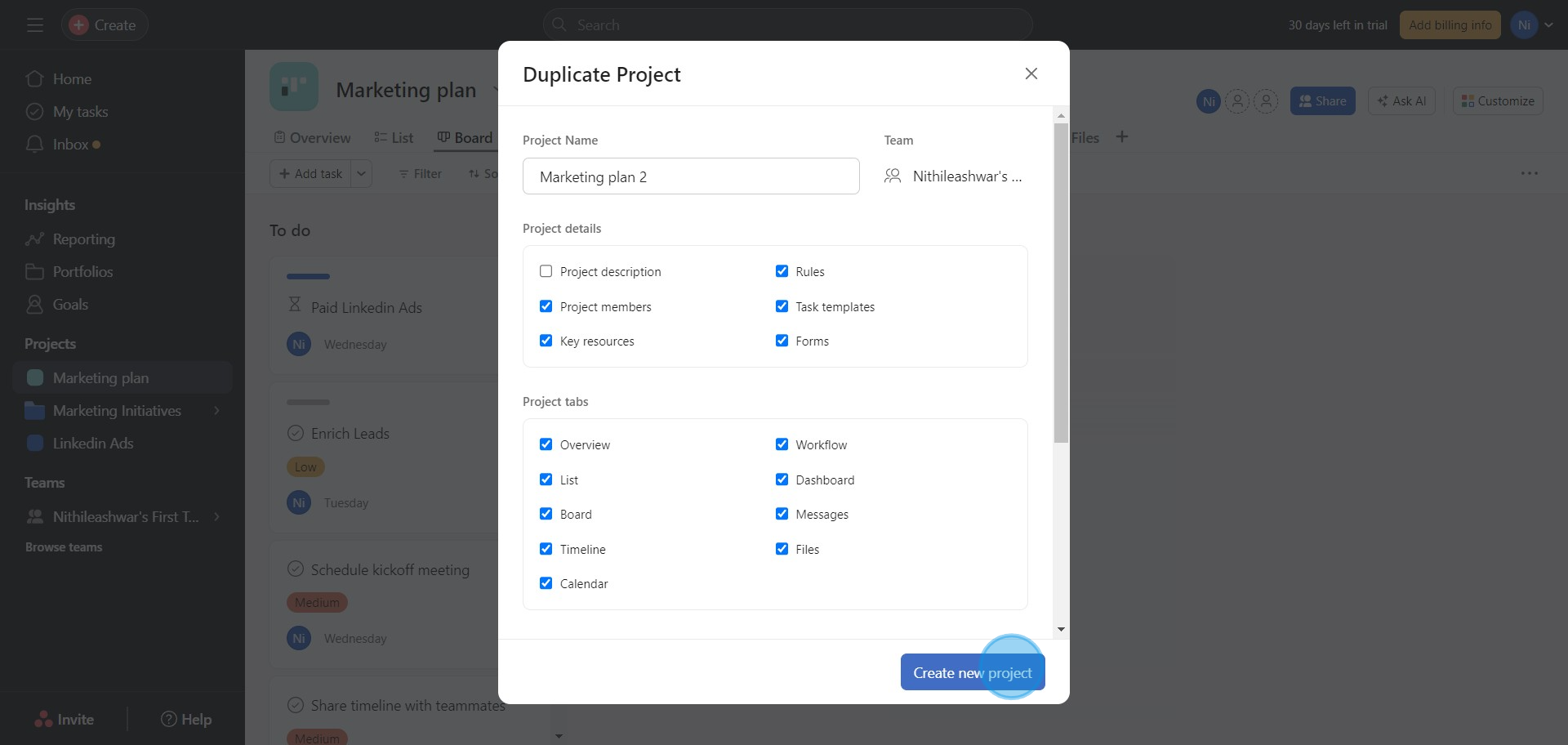6 Click on "Create new project"