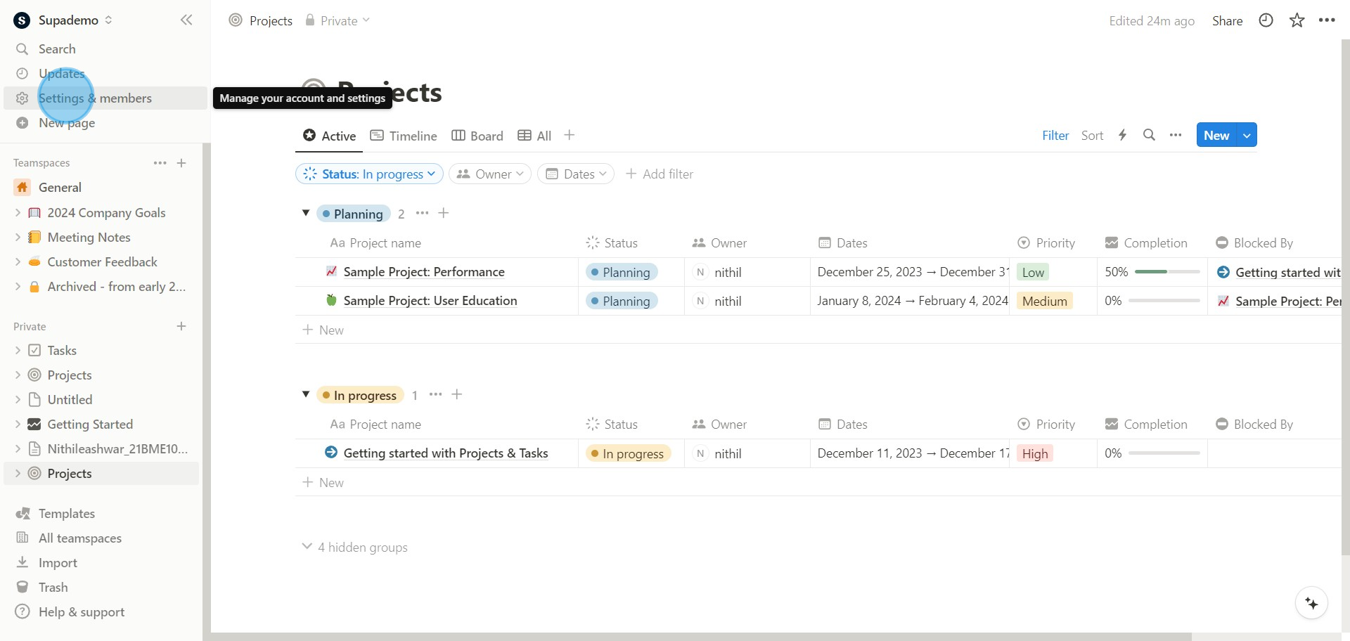 1 Click on "Settings & members"
