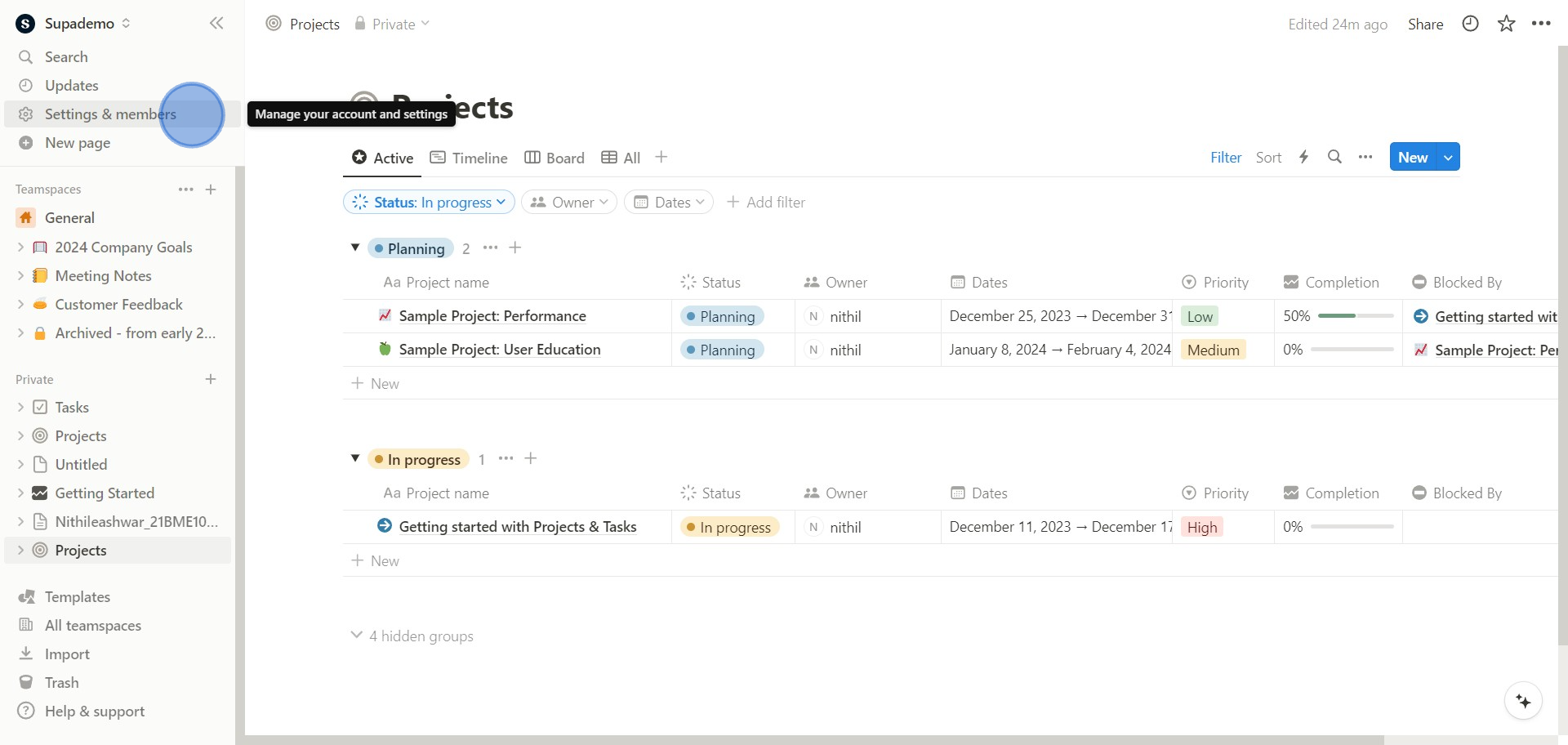 1 Click on "Settings & members"