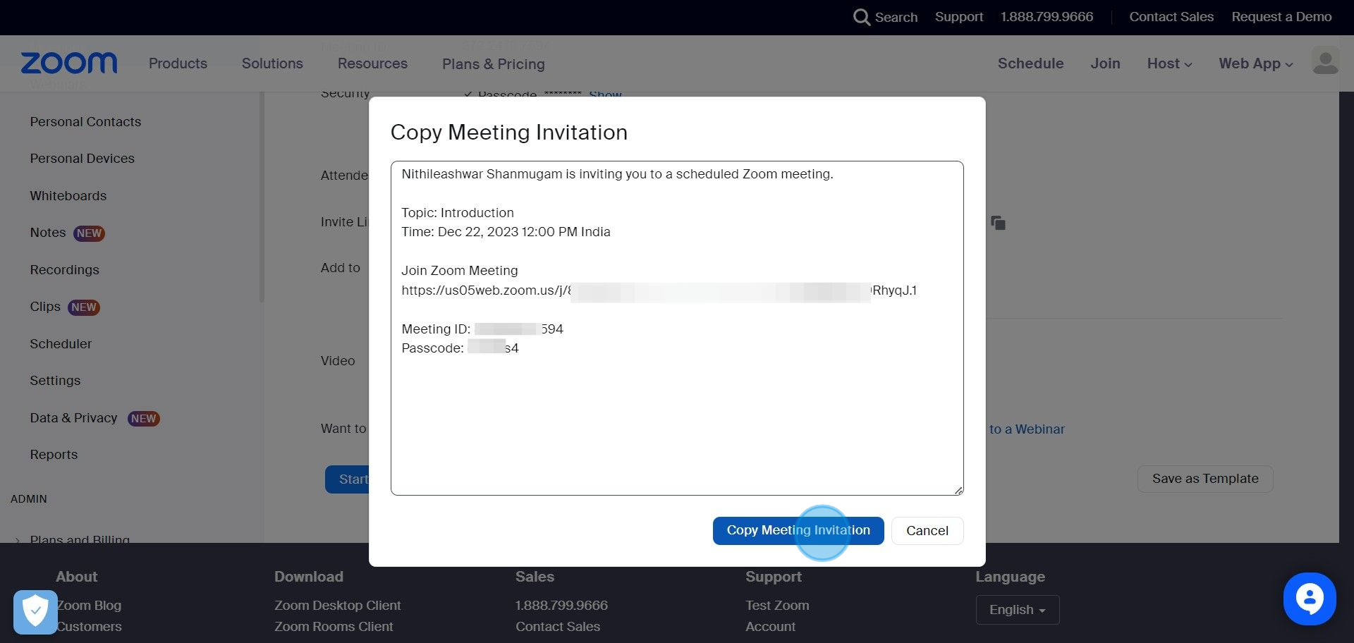 13 Click on "Copy Meeting Invitation"