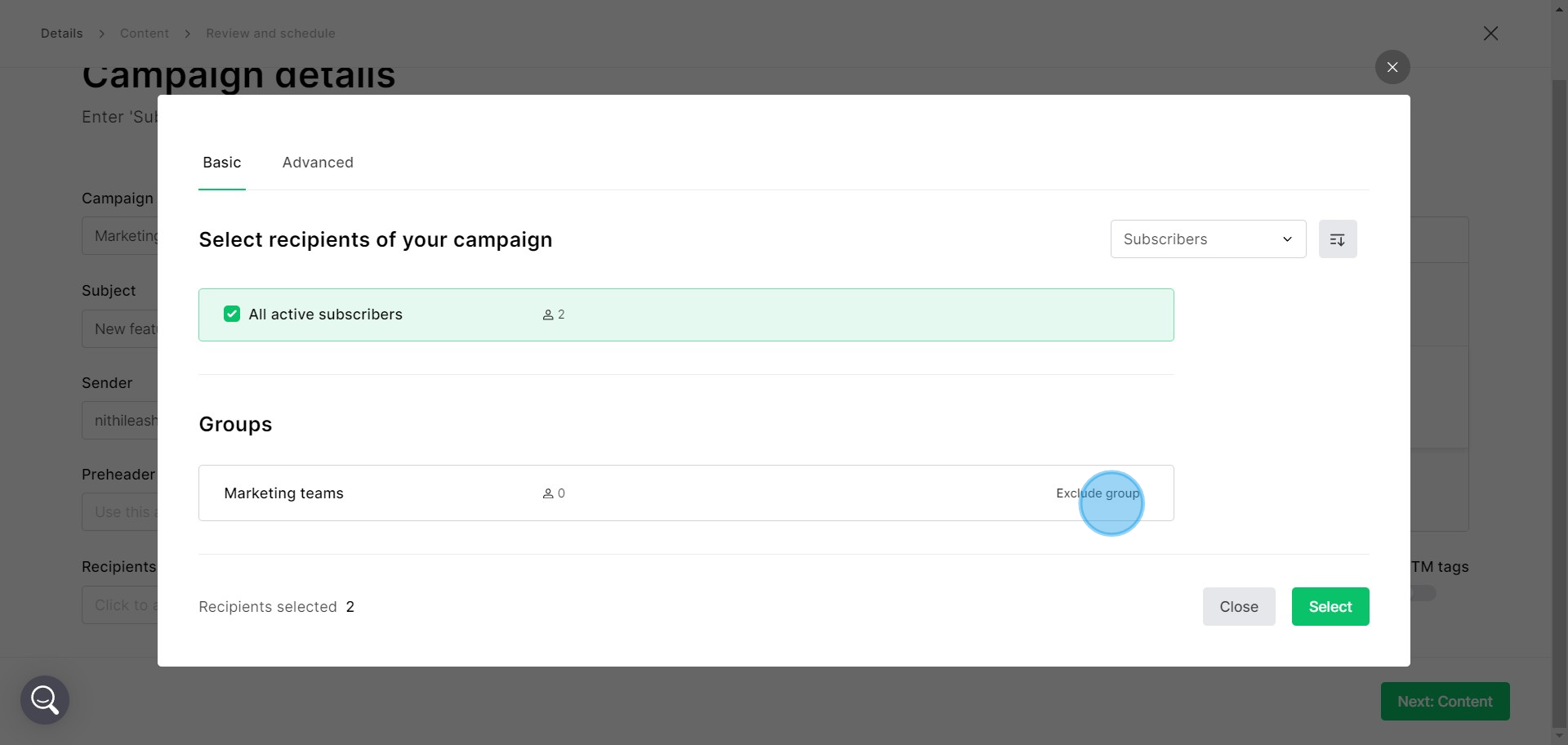 4 Click on "Marketing teams0Exclude group"