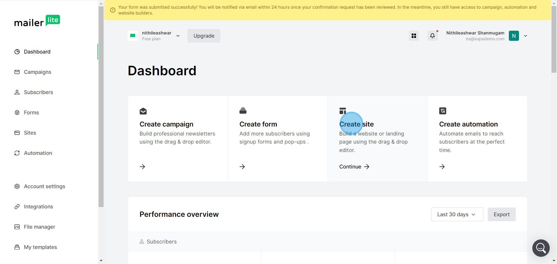 1 Click on "Create site"