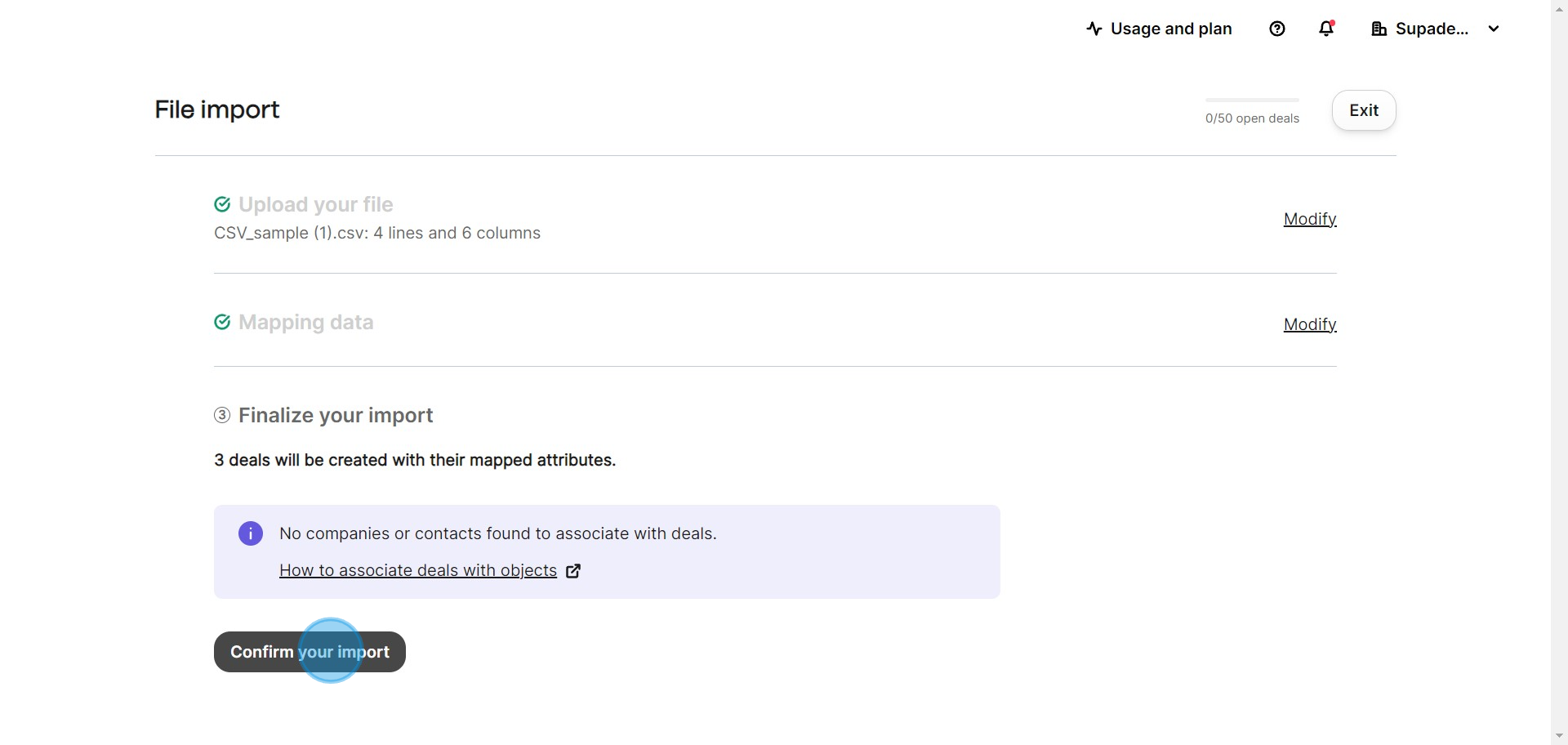 7 Click on "Confirm your import"