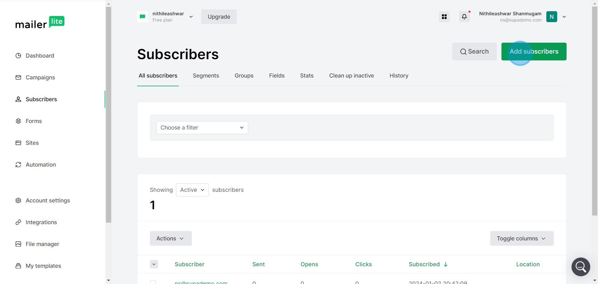 2 Click on "Add subscribers"