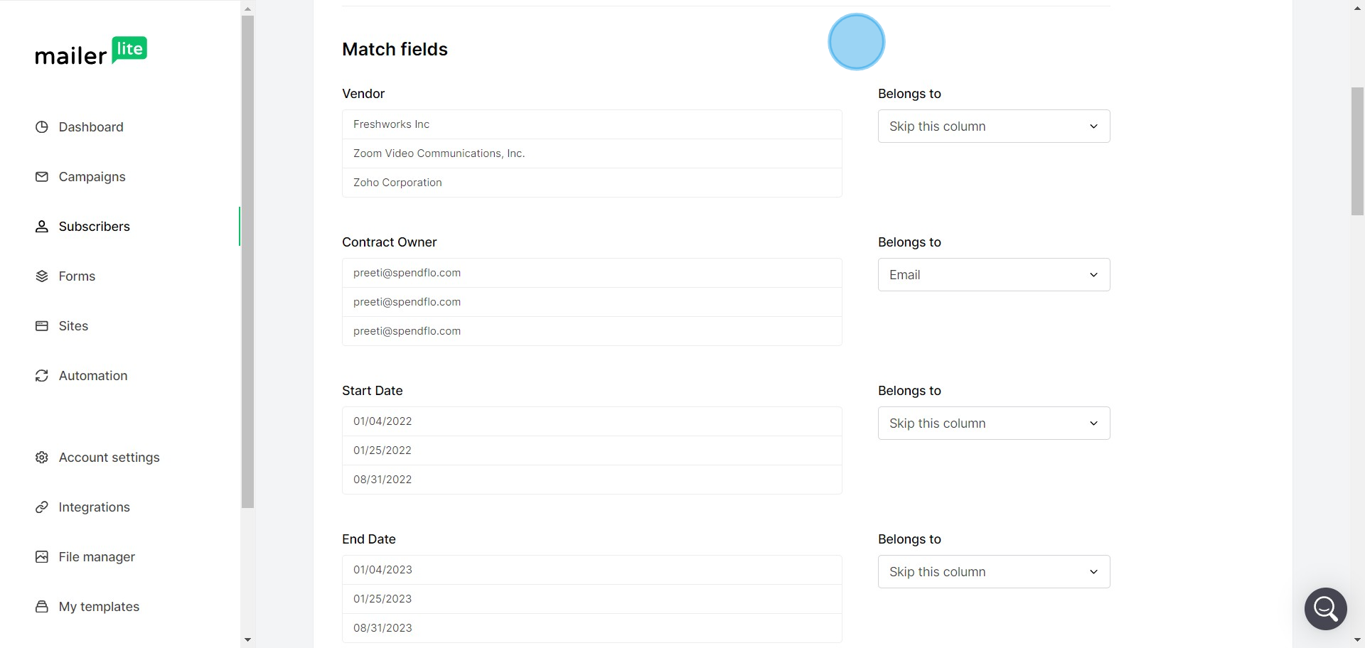 10 Click on "Match fields"