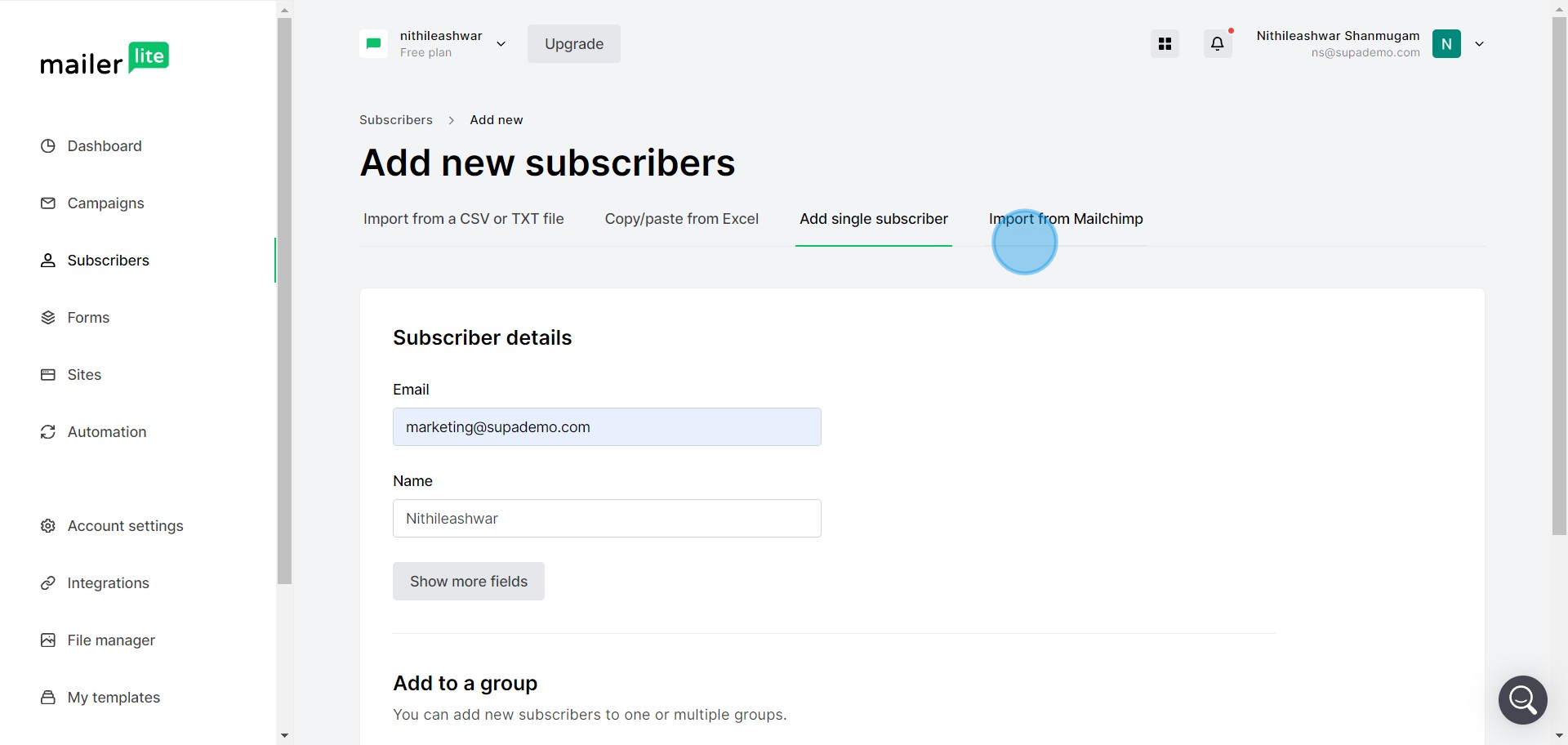 7 Click on "Import from Mailchimp"