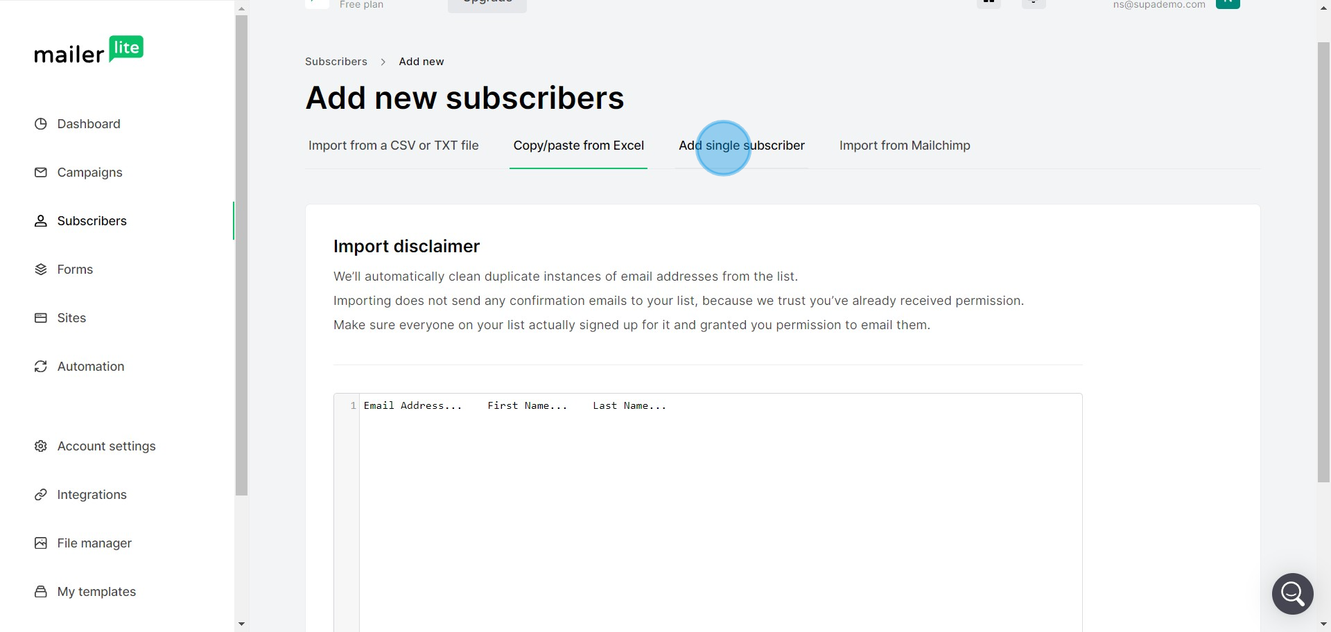 5 Click on "Add single subscriber"