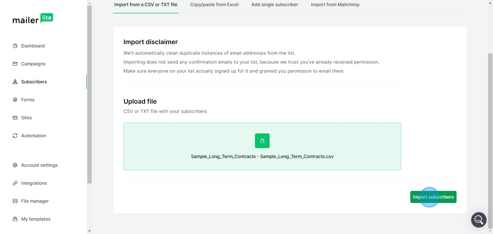 9 Click on "Import subscribers"