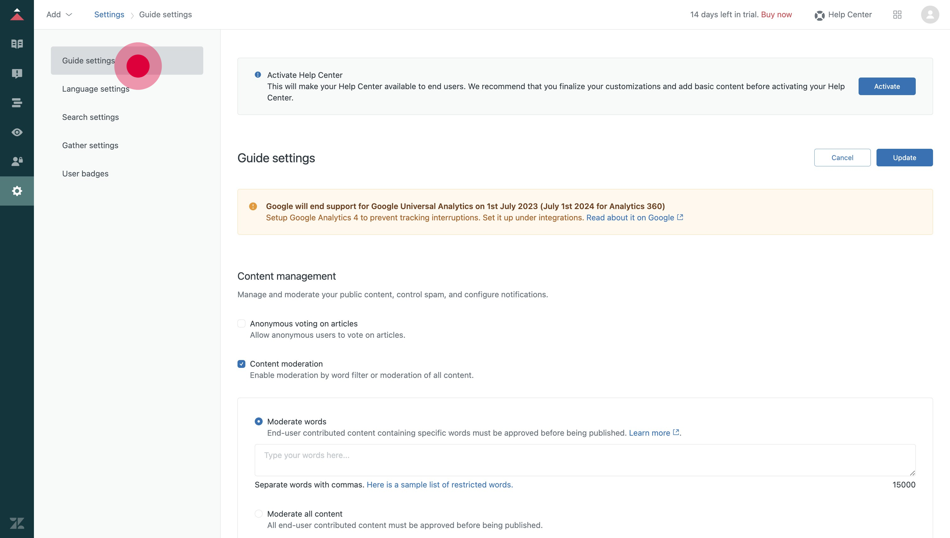 2 Click on "Guide settings"