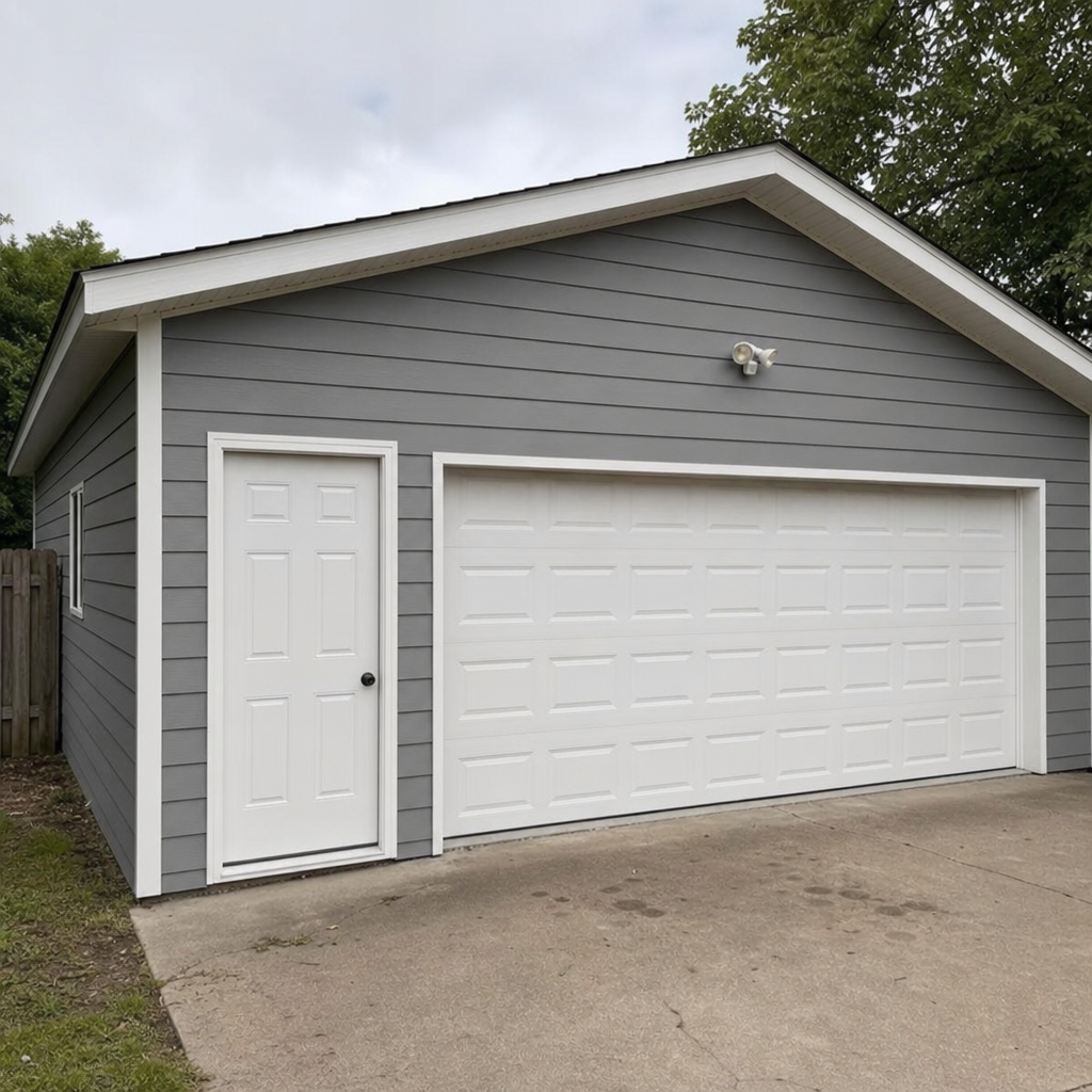 garage exterior with new siding panels