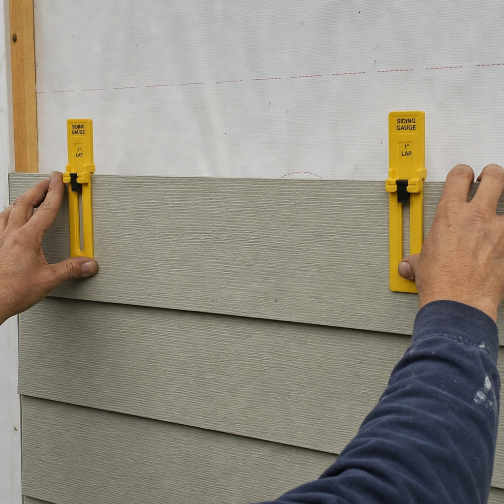 Fiber cement siding gauges holding a lap siding board level during installation