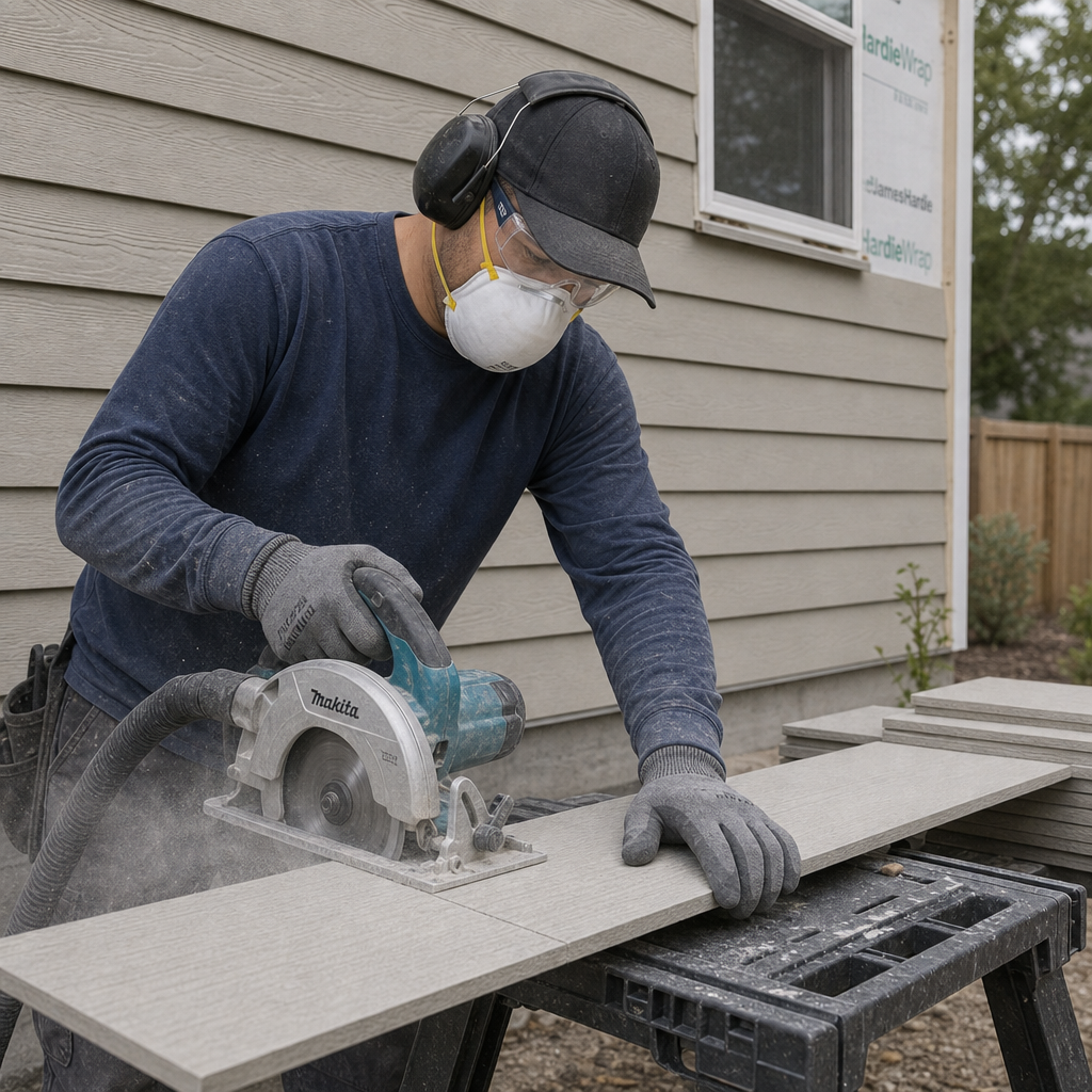 Installer cutting fiber cement siding outdoors while wearing respirator, goggles, gloves, and hearing protection