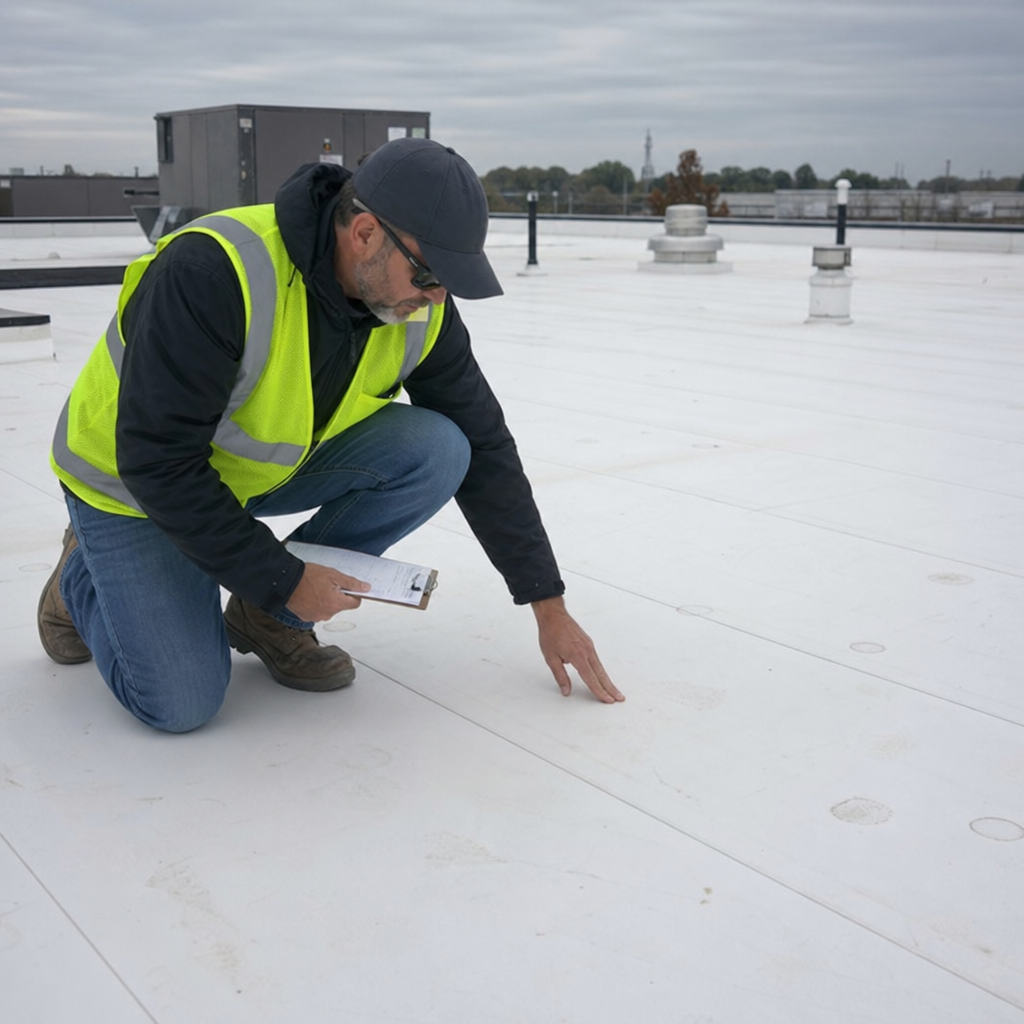 TPO roofing contractor inspecting a flat roof membrane