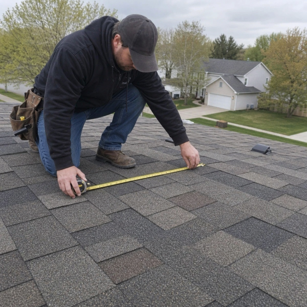 roofing contractor measuring an asphalt shingle roof