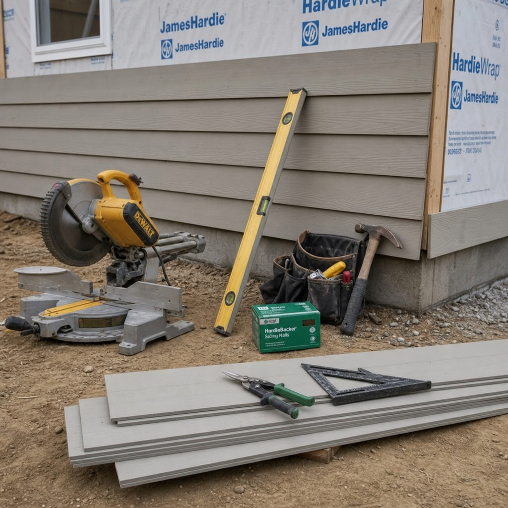 Fiber cement siding tools arranged on a jobsite