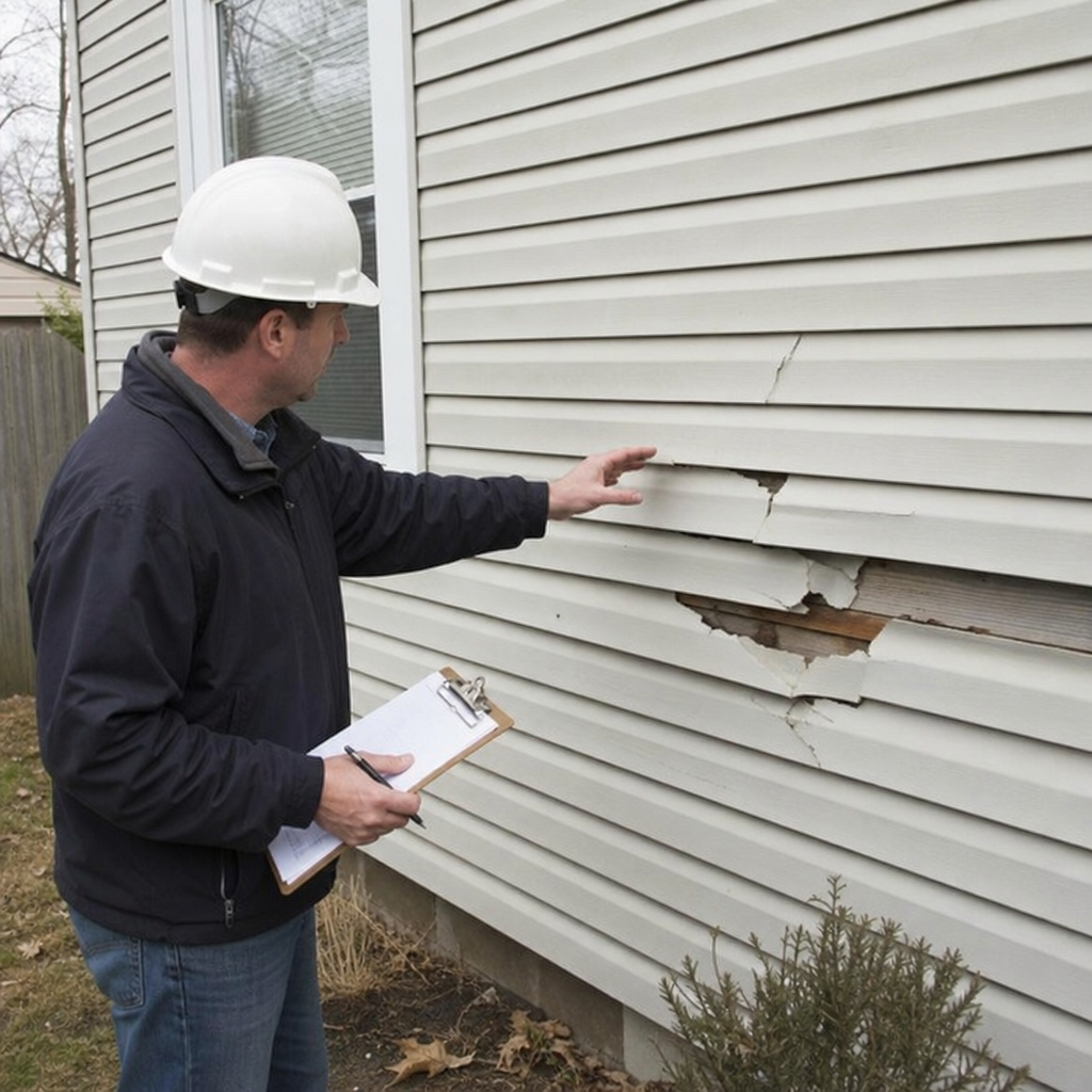 Contractor inspecting damaged exterior siding on a house