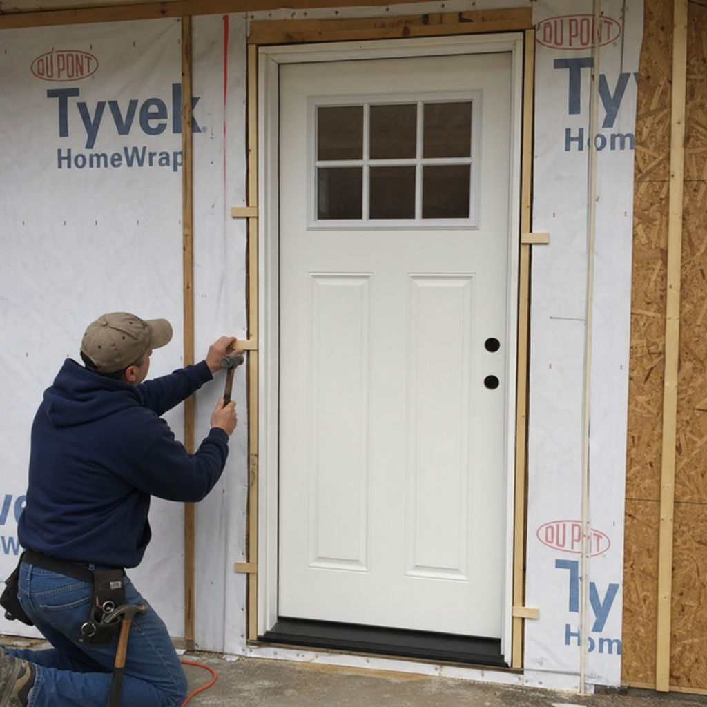 pre-hung exterior door being shimmed in rough opening