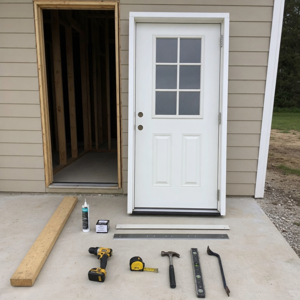tools and prehung exterior door laid out before installation