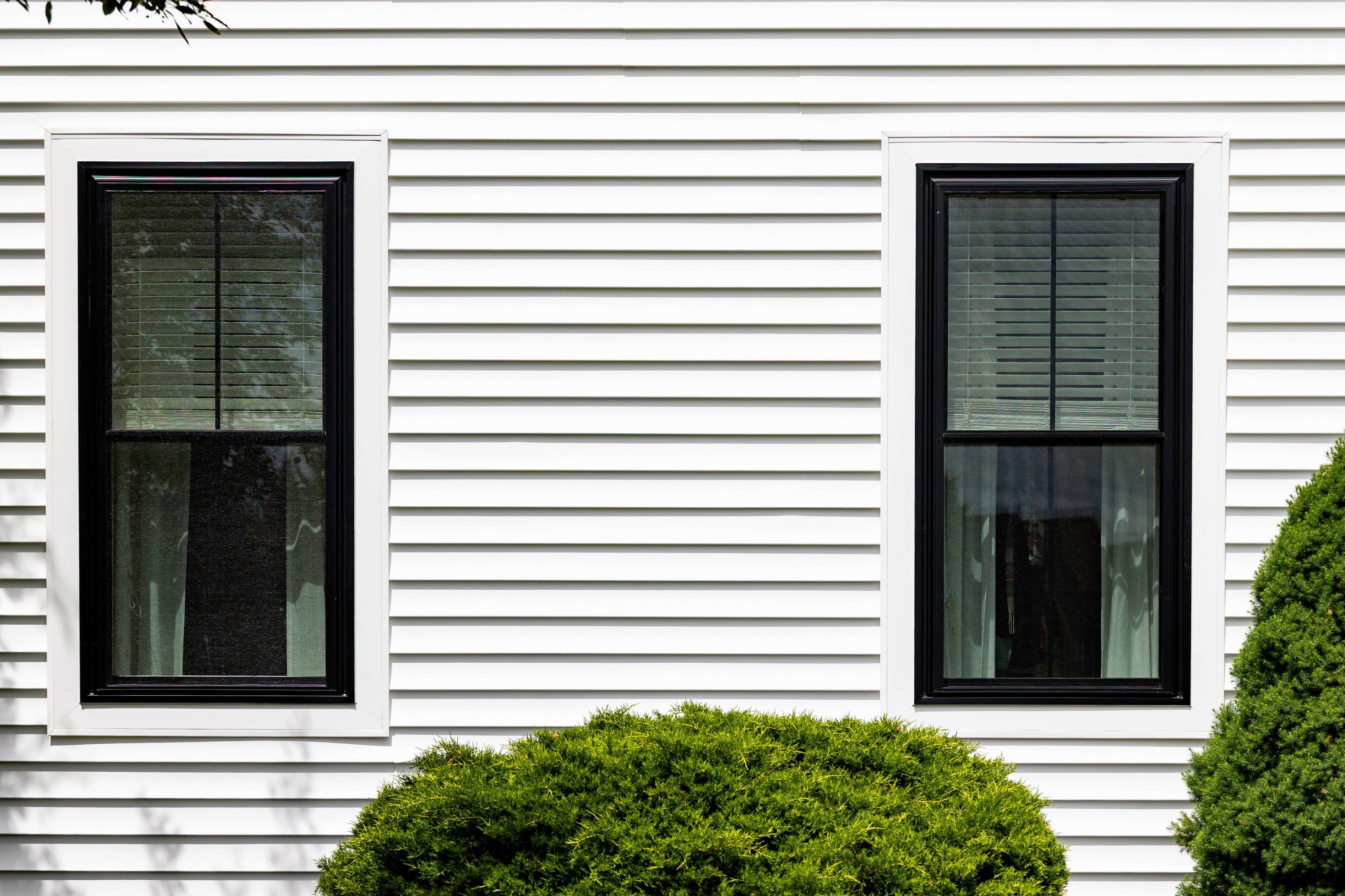 black window installation on white siding house