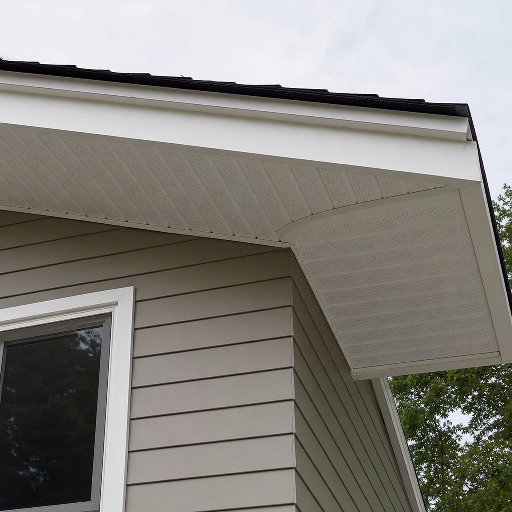 new soffit siding installed under clean roof eaves