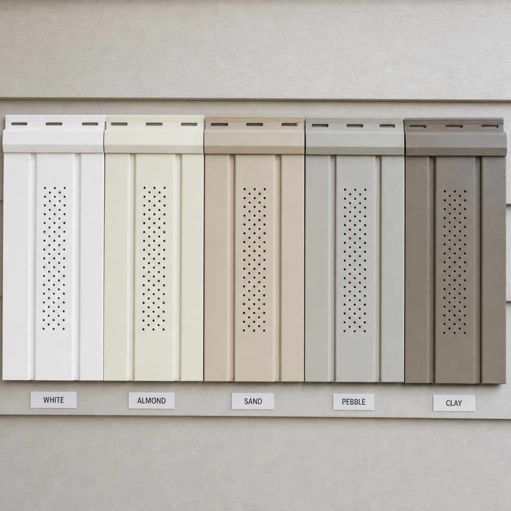 side by side exterior soffit material samples in neutral colors