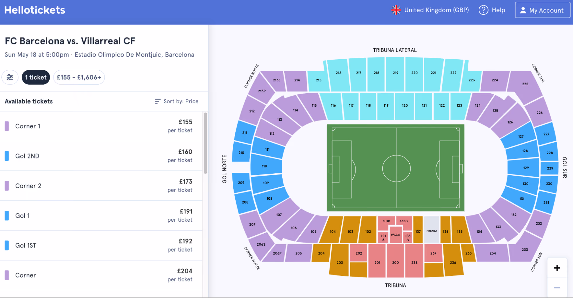 Vue détaillée depuis le siège sélectionné sur le plan interactif Hellotickets