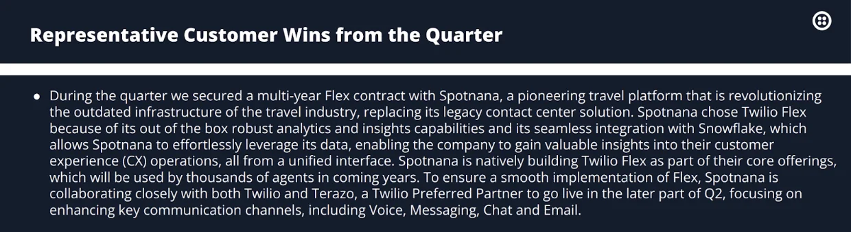 Summary of a multi-year Twilio Flex contract with Spotnana, highlighting its use of Flex to modernize travel industry CX operations with support from Twilio and Terazo.