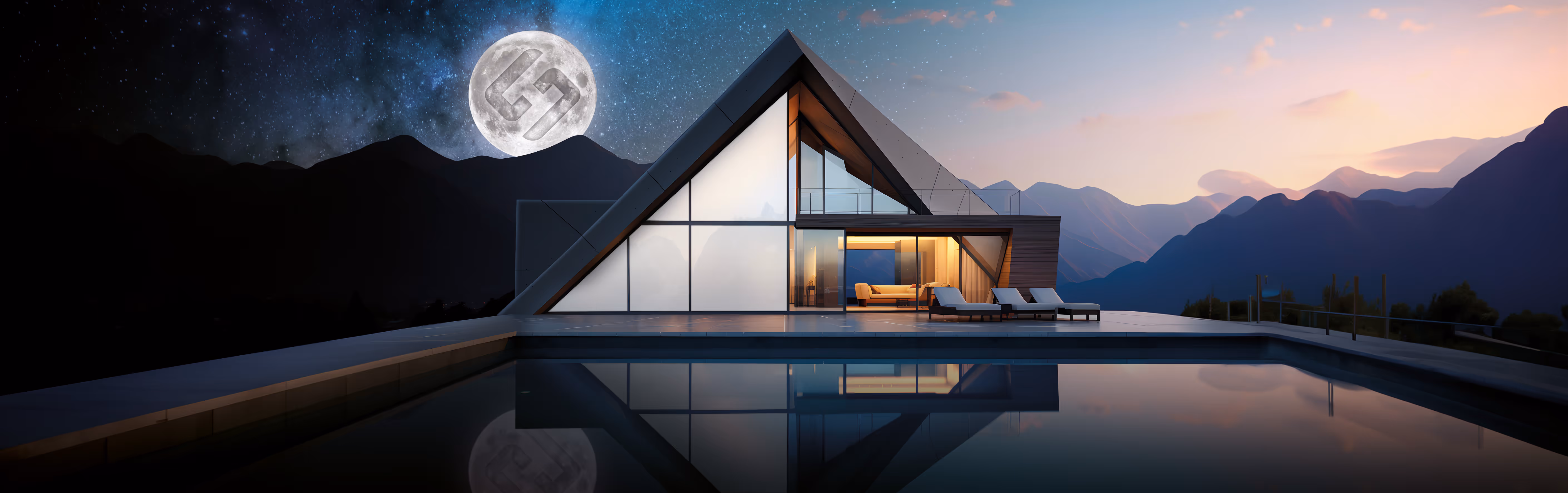 Casa moderna con facciata in vetro illuminata al tramonto, con riflesso sull’acqua e luna sullo sfondo – immagine di copertina Switch Hue Vista Glass.