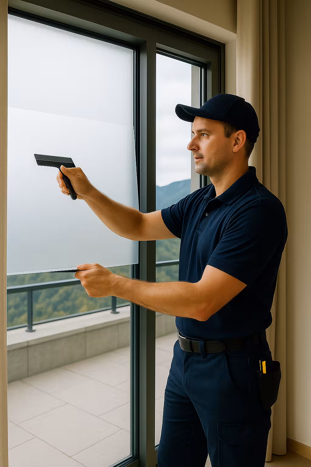 Installatore applica pellicola PDLC con spatola
