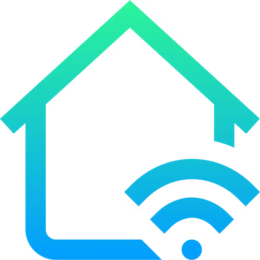 Icona di una casa con simbolo di Wi-Fi, che rappresenta una casa intelligente con connessione wireless.