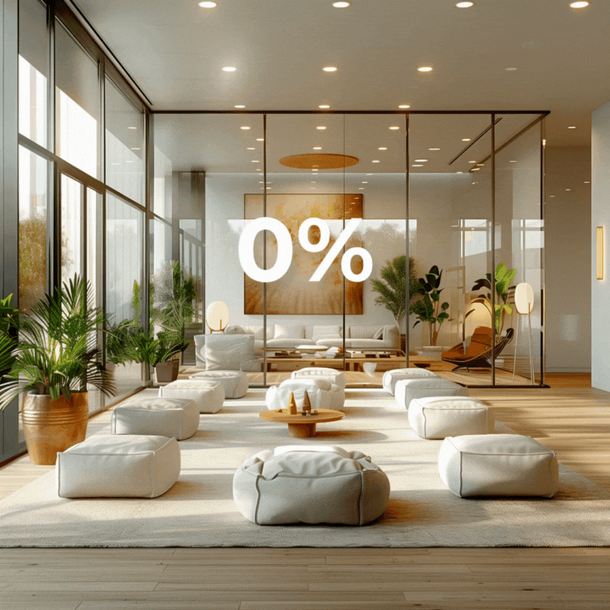 Animazione che mostra una stanza luminosa con vetri intelligenti SwitcHue, simbolo del controllo dimmabile della trasparenza delle pellicole PDLC.