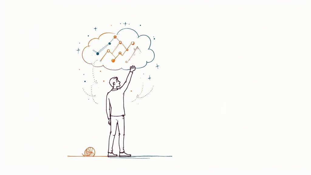 A line drawing of a person reaching towards a cloud filled with a data graph.