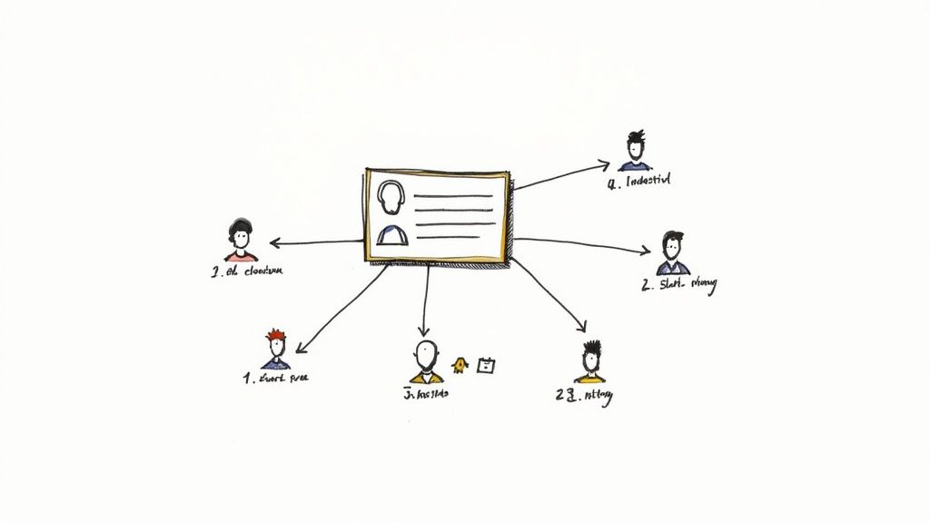 A hand-drawn diagram showing a central card connected to six stick-figure people with labels, representing a network.