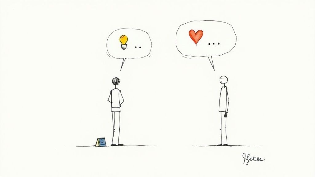 Two stick figures communicate, one expressing an idea (lightbulb), the other expressing emotion (heart).