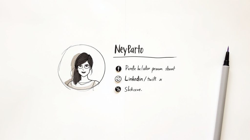 Hand-drawn profile card featuring a cartoon woman, name 'NeyParto', and social media contact details.